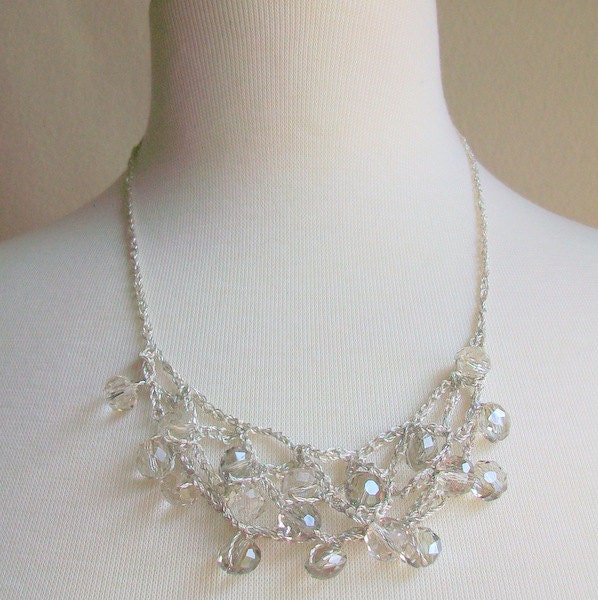 Silver Crocheted  Bridal Necklace  Beadwork Bib Champagne Faceted Glass Beads