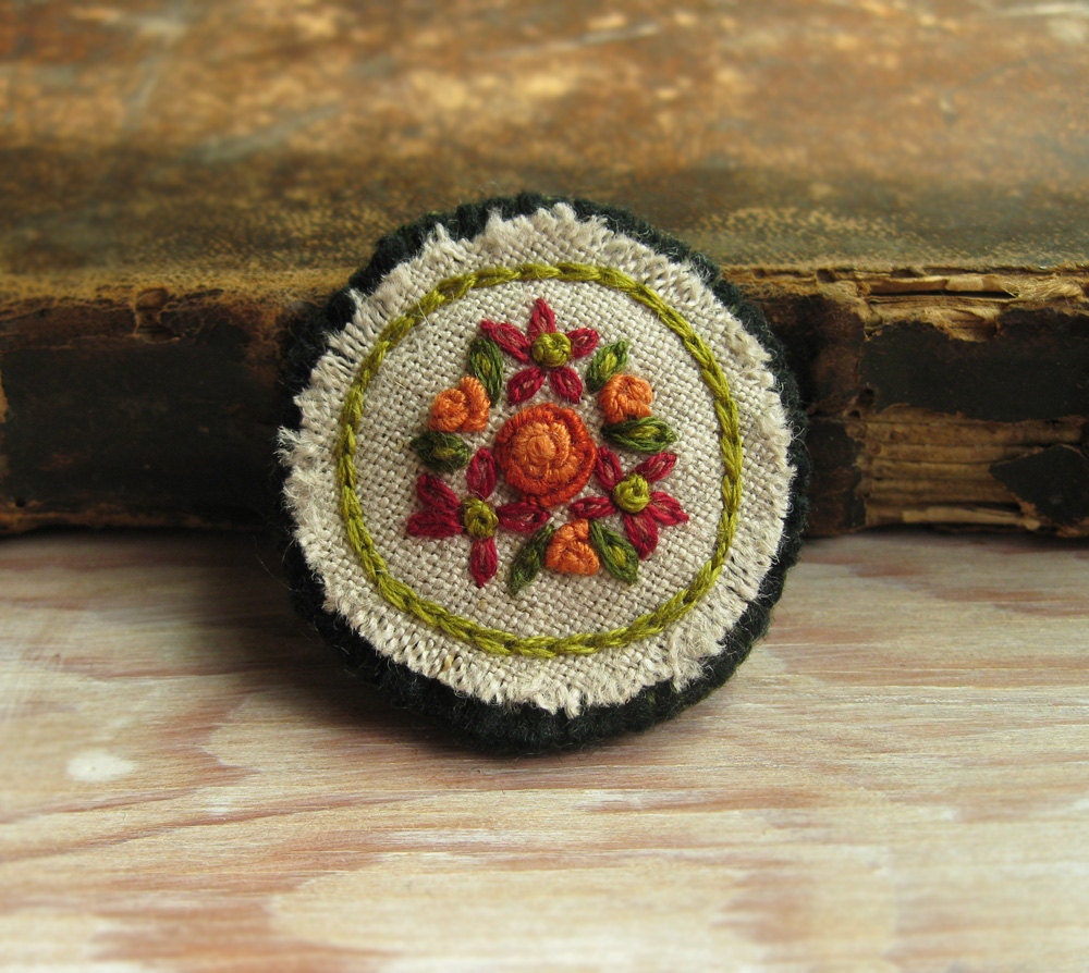 Orange Roses Embroidered Brooch