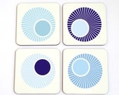 coaster set sky ocean navy denim blue circles and swirls retro drink coasters hostess housewarming gift idea