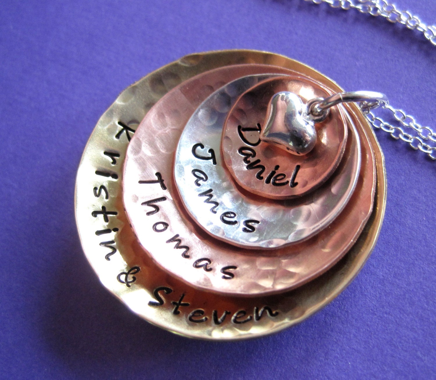 Multi Metal Hand Stamped Jewelry - Four Layers Hammered and Domed Necklace