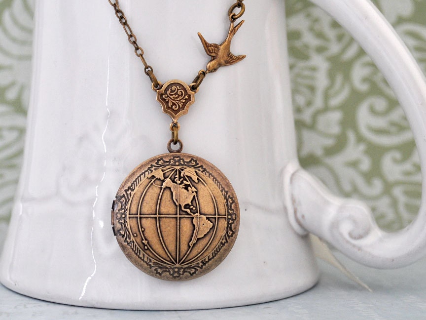 ONE  WORLD antiqued brass globe  locket necklace