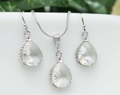 Wedding Jewelry Bridesmaid Jewelry Bridesmaid Earrings Bridesmaid Necklace Clear Glass Rhodium Trimmed Pear Cut Bridesmaid gift