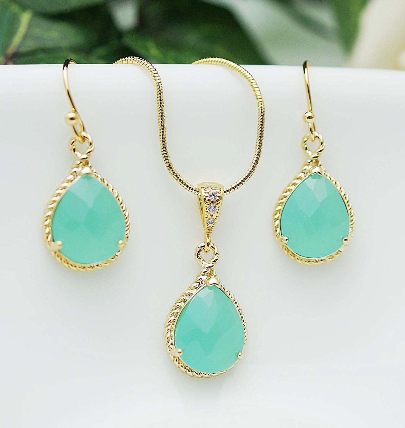 15% OFF SET of 9 Wedding Jewelry Bridesmaid Jewelry Bridesmaid Earrings Mint Opal Glass Gold Trimmed Pear Cut Bridesmaid gift