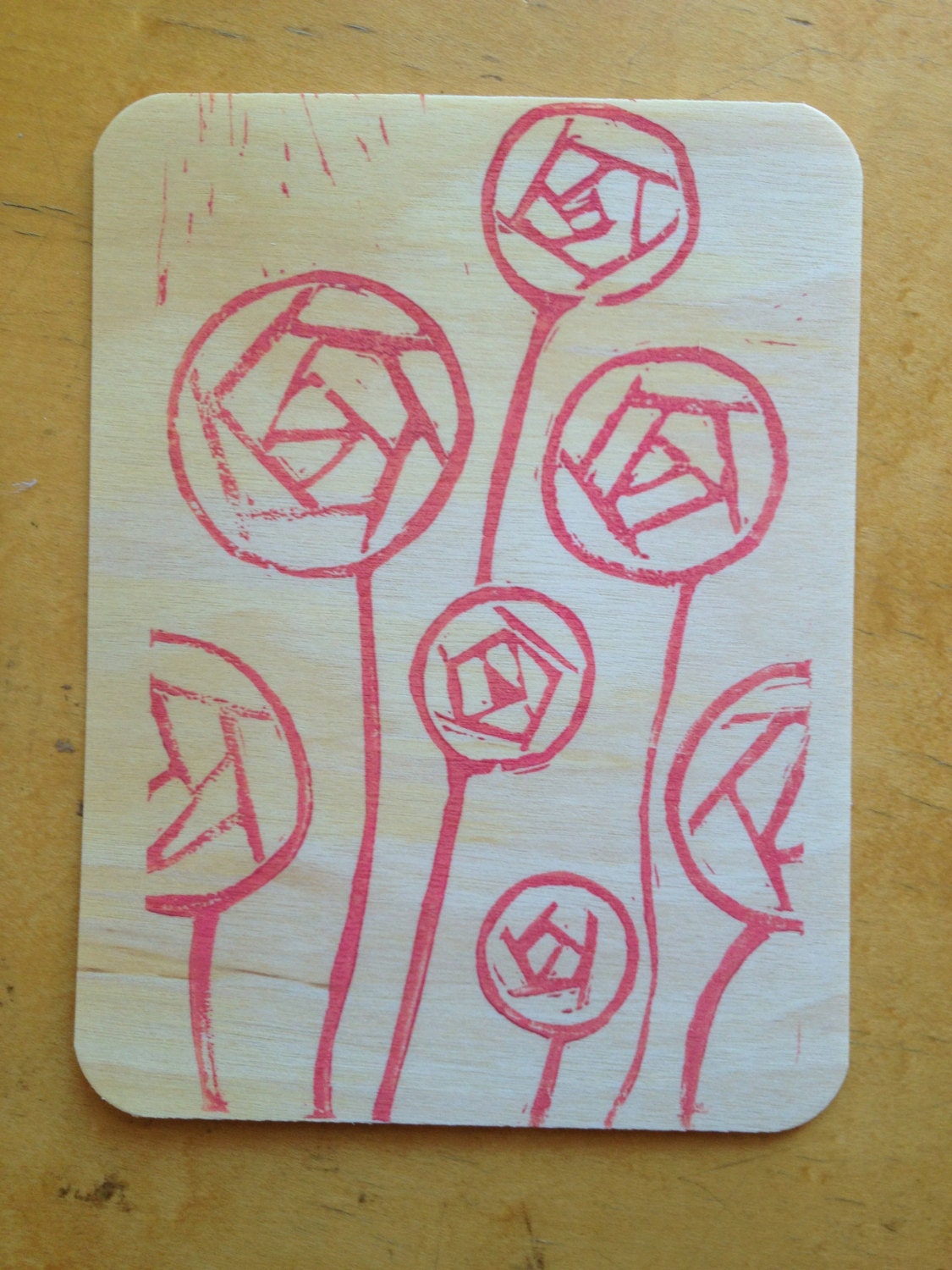 Wood Greeting Card, 'Abstract Roses' in Coral on Birch