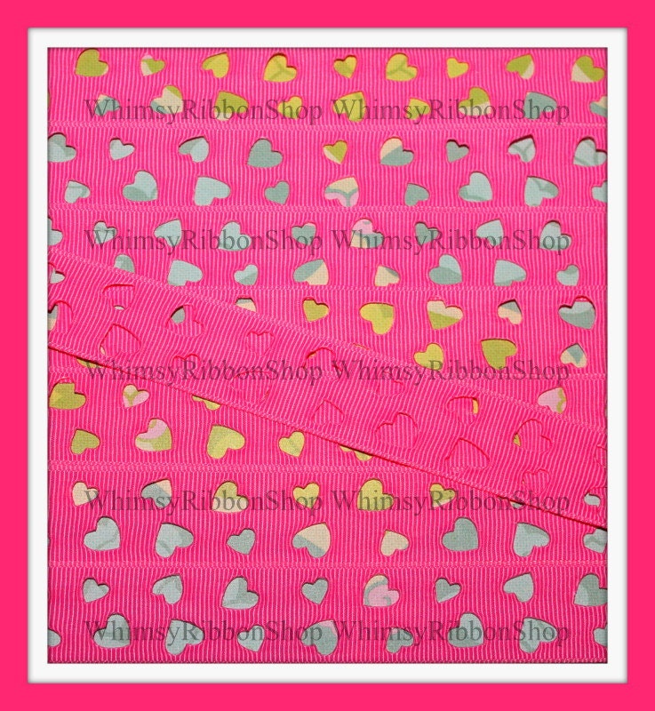 New 3 Yards 7/8 Valentines Love CUT OUT Hearts on Hot PINK Grosgrain Ribbon Hair Bows Sewing scrap dog collars craft