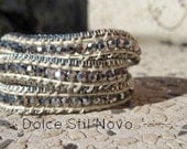 Wrap bracelet vegan leather dark grey czech glass beads and silver chain - Boho Glam Luxe Chic chan luu style
