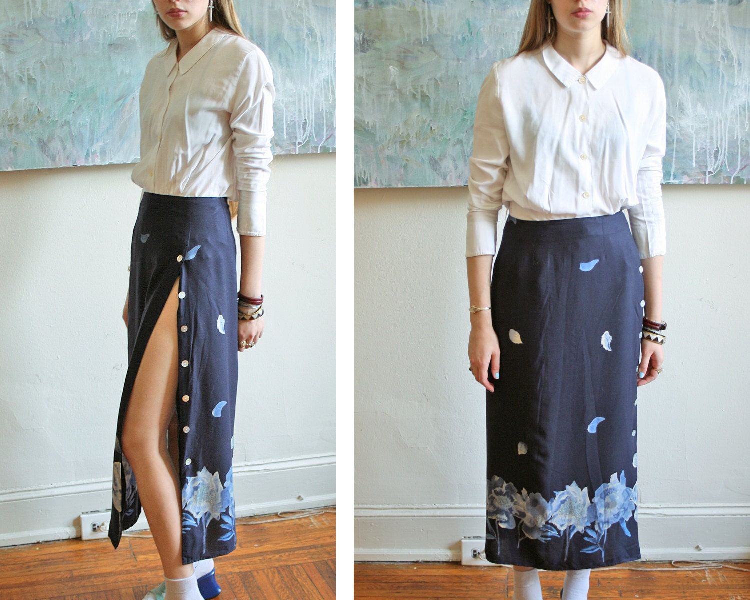 90s Grunge Maxi Button Up Floral Skirt // Size S-M