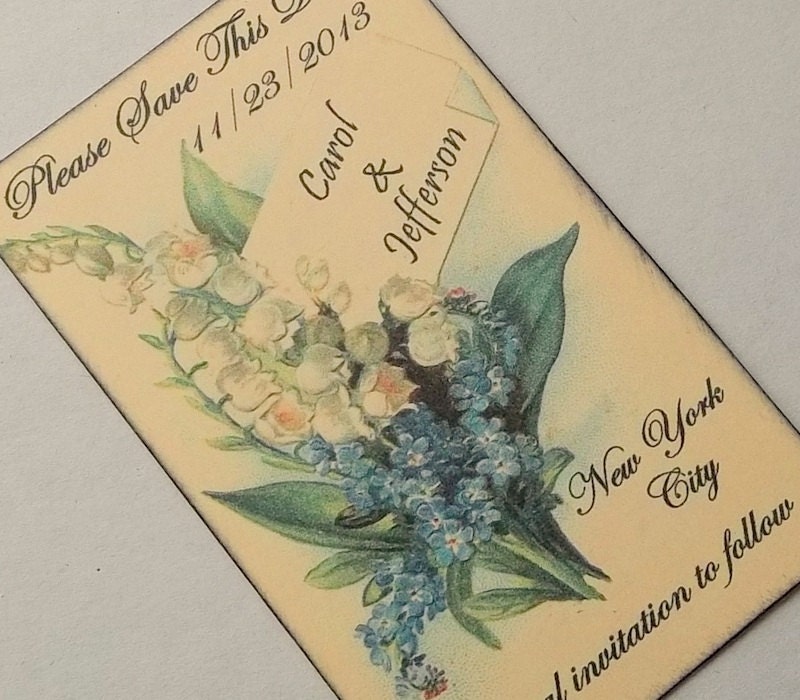 Save the date card winter wedding blue, white lily of the valley flowers victorian, set of 12