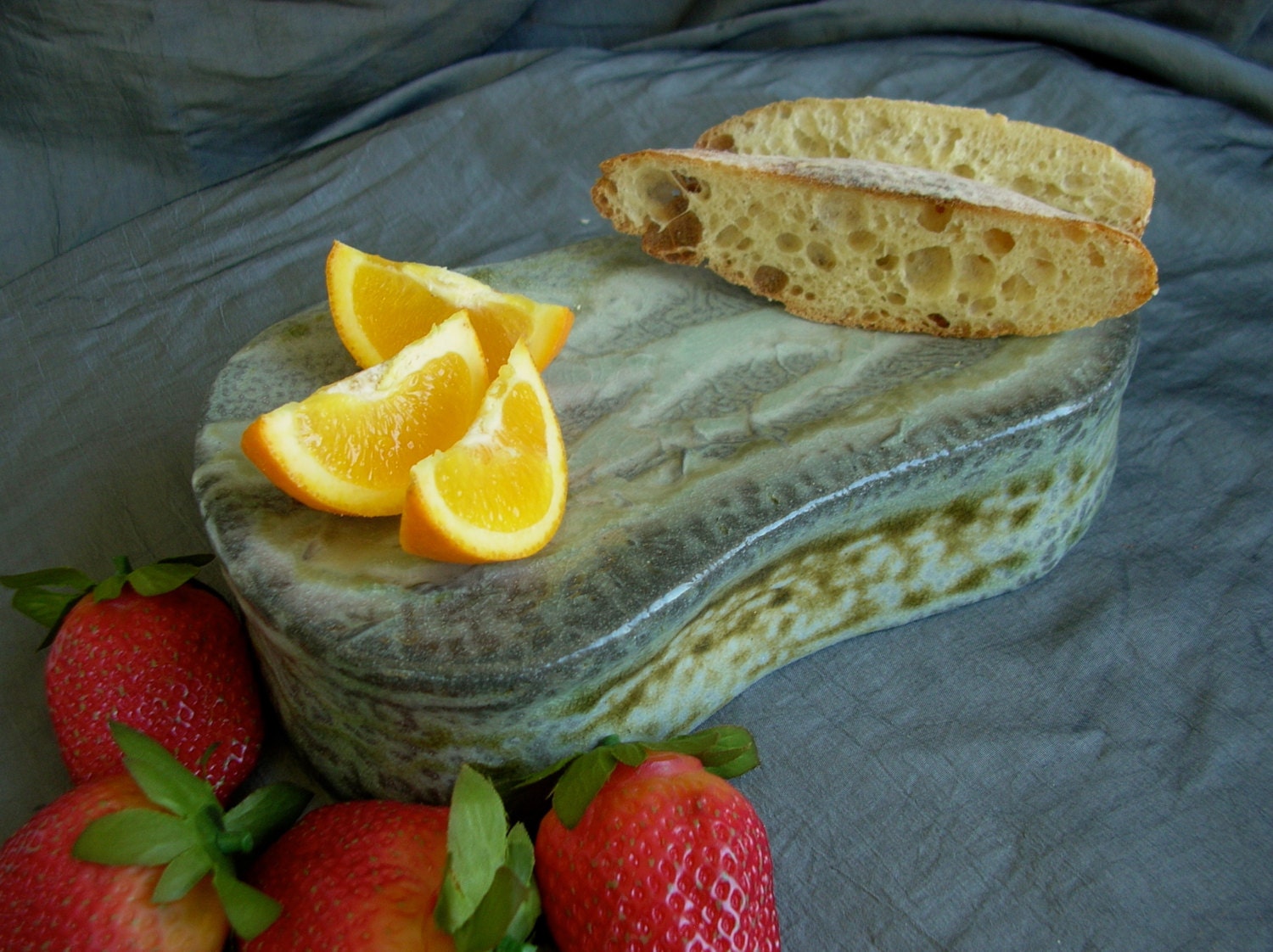 Cheese Block, Pedestal, Tray, Dish, Wood Fired - Pale Blue and Grey