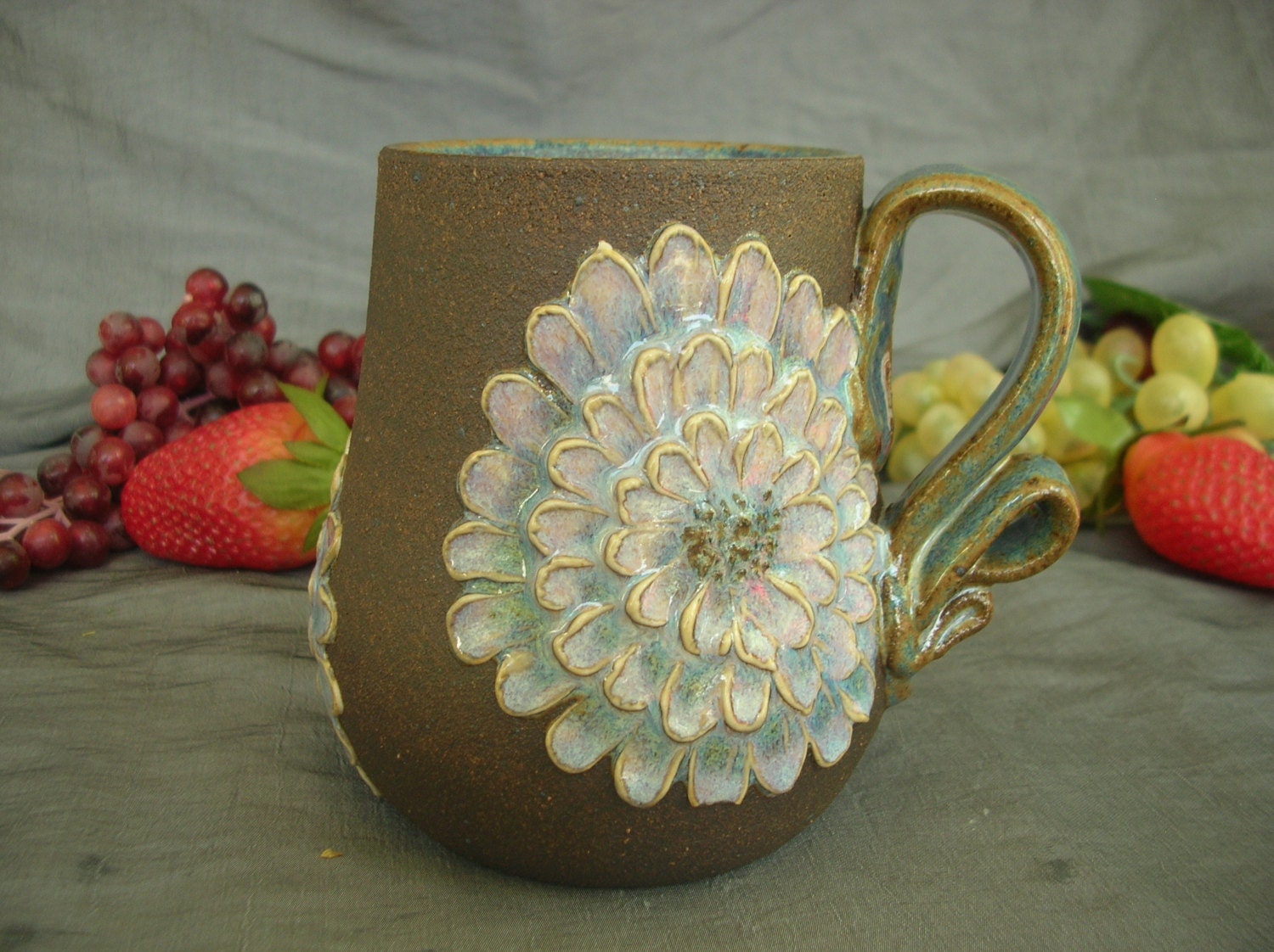 Ceramic Tea Cup with Zinnia  Flowers, Coffee Mug in Dusk Purple and Black Mountain