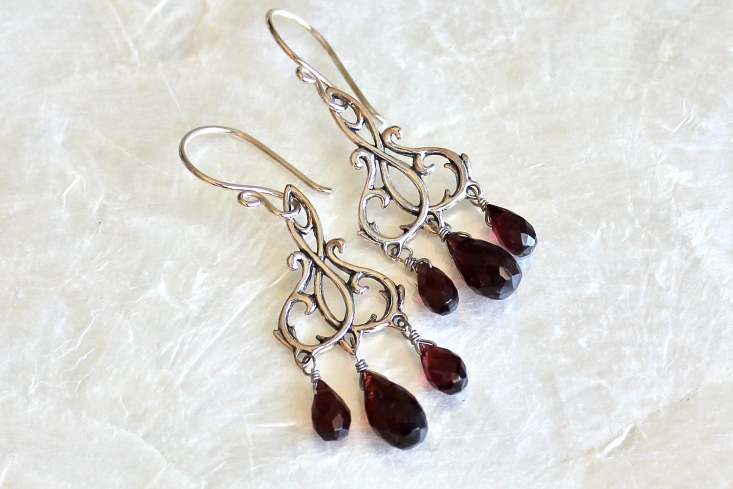 Gothic Vintage Style Garnet Chandelier Earrings - Recycled Nickel Free Silver - Eco Friendly - Ready to Ship