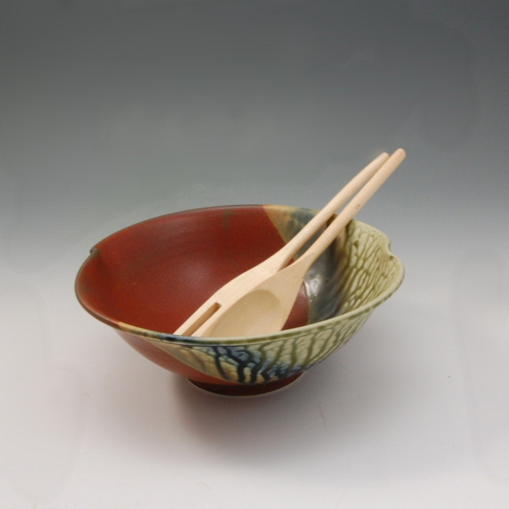 Bowl Handmade Porcelain Pottery Cinnamon Brown Fern Blue by Mark Hudak