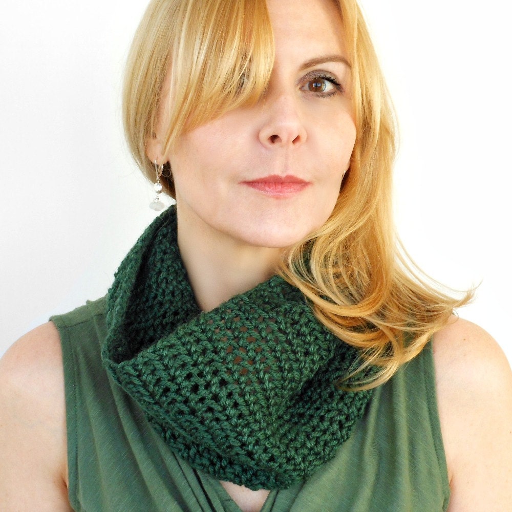 Emerald Green Cowl Zara Lace Tube Scarf Hand Knit Silk Wool Mesh