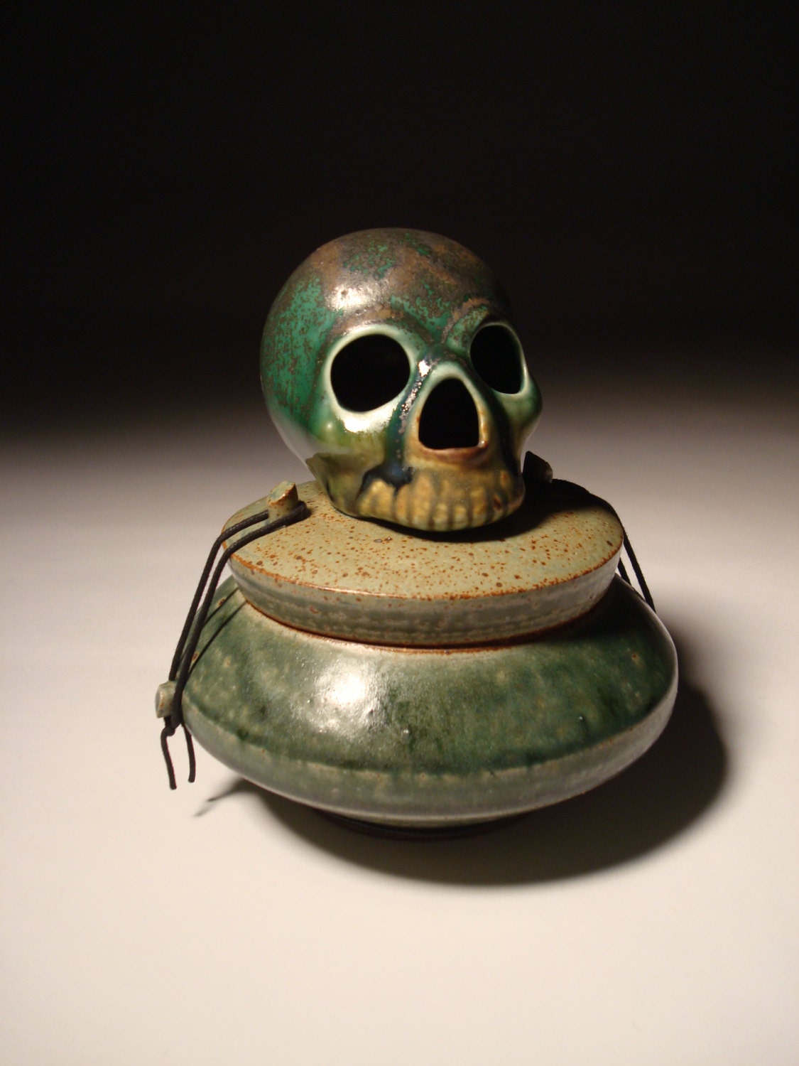 Copper Green Skull Urn Covered Jar