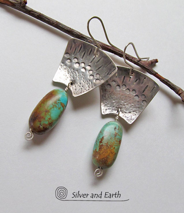 Turquoise Earrings, Exotic Sterling Silver Earrings, Artisan Handcrafted Silver & Turquoise Jewelry, Earthy Ethnic Tribal Metalwork Jewelry