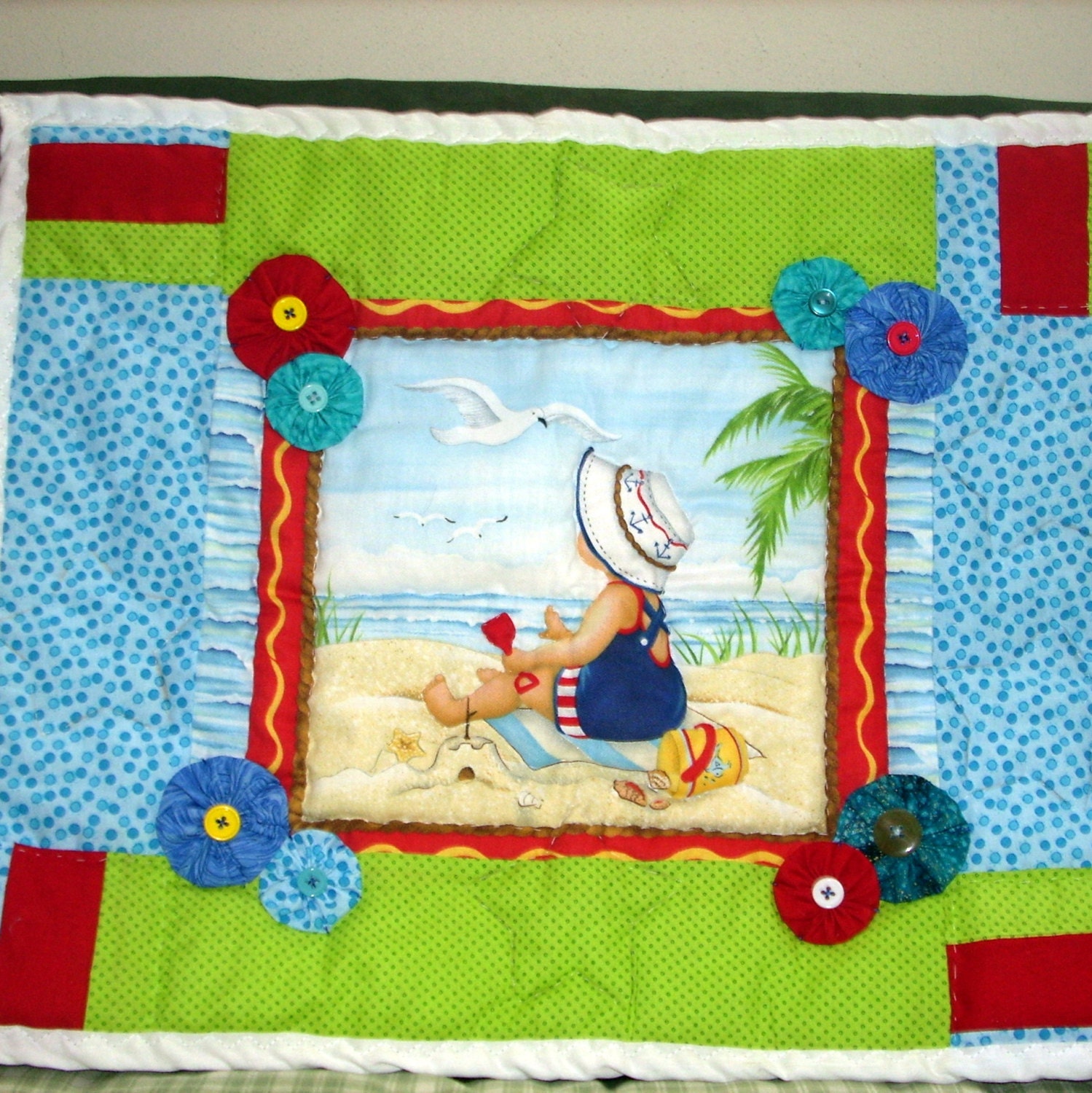 Beach Baby Quilt Wall Hanging Handmade Blue Sea Green Summer Time Aqua Polka Dots