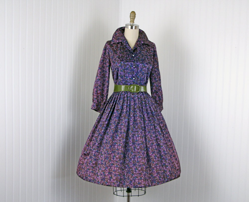 1950s Dress - Vintage 50s Dress - Purple Olive Taffeta Rhinestones Garden Party M - Violet Flight