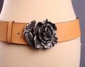90s Designer Leather Boho Wide Belt / Metal Rose Heavy Buckle / Medium