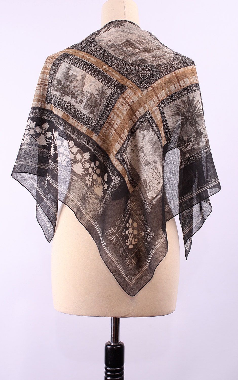 Vintage Novelty Chiffon Scarf / Old Photos Print / Sheer Scarf