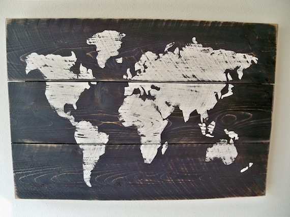 World Map Wood Wall hanging on Stain 24" x 16.5"