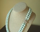 Vintage 21" aqua pearl necklace, Laguna two-strand pearls, rhinestone clasp