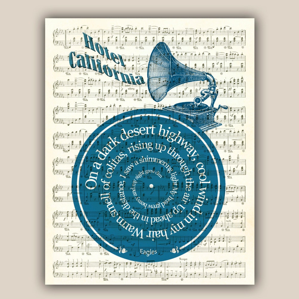 Hotel California  Eagles song lyric vinyl record Art Print on old music sheet, music wall art decorative arts wall hangings, PRINT 11x14''