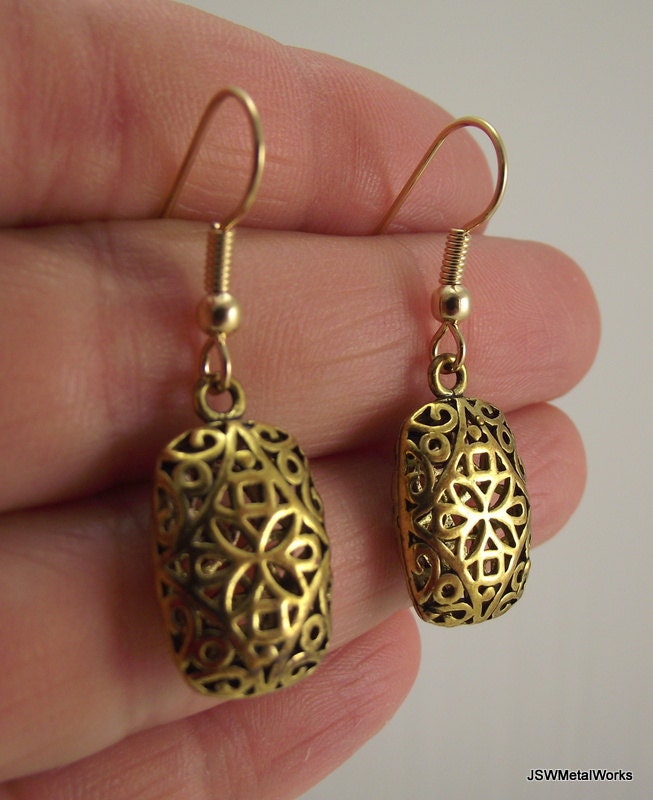 Puffed Gold Filigree Earrings, Rectangular Antiqued Gold Earrings