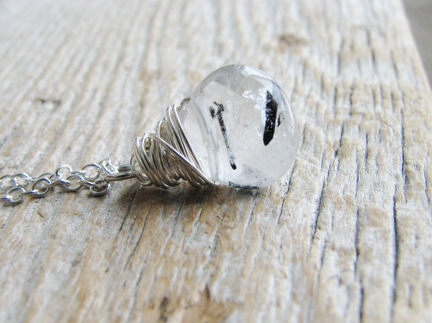 Black Rutilated Quartz Necklace Wire Wrapped Stone Sterling Silver Jewelry Bridal Briolette Minimalist Modern Fresh Fashion