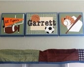 Kids Wall Art - Sports Fan Original Paintings On Canvas With Child's Name In Hand-Stitched Fabric (Total Size is 12 x 40 inch)
