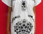 Mexican White Dress Very Fine Black Flowers Embroidered Handmade Special Collection Spring / Summer Small / Medium