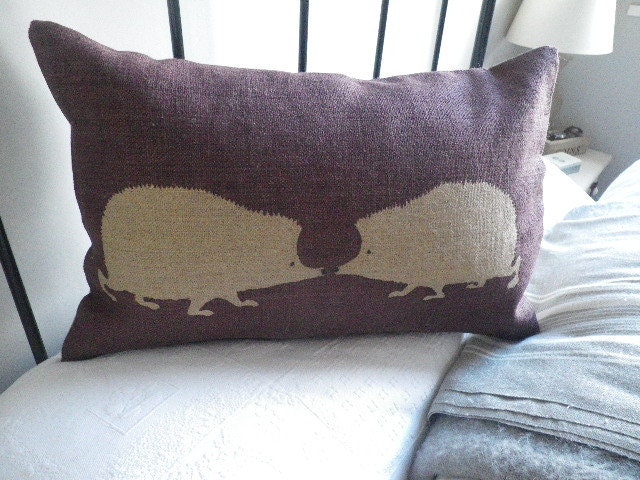 handprinted mulberry hedgehog pair cushion covers