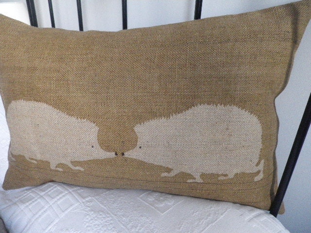 handprinted golden brown hedgehog pair cushion cover