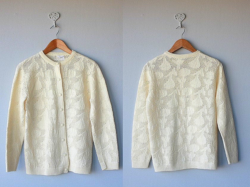 1960s cream cardigan / 60s cream sweater / pointelle sweater / cotton cardigan - size small to medium