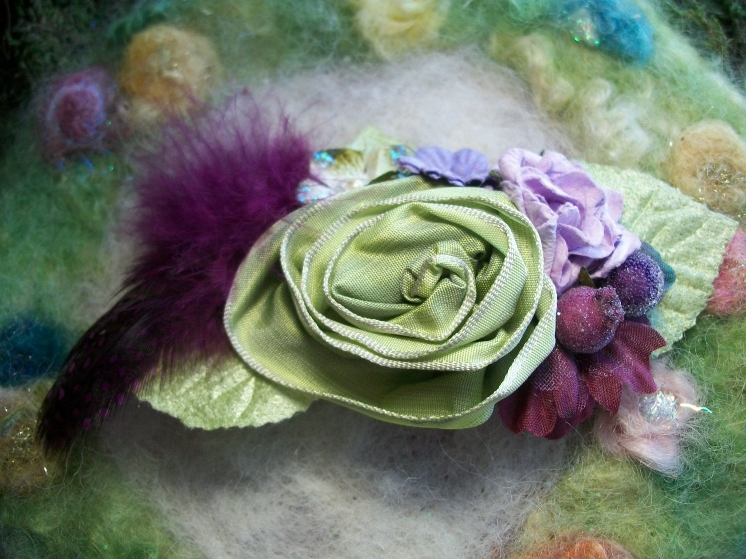 Hair Clip, Sage Rose with Purple Feather Plume, Wine and Berries