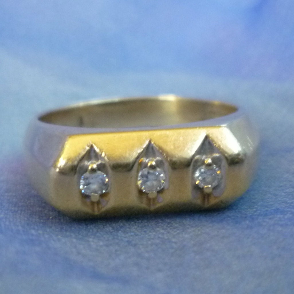 14 K Gold Mens Ring, Vintage Ring with Three Diamonds