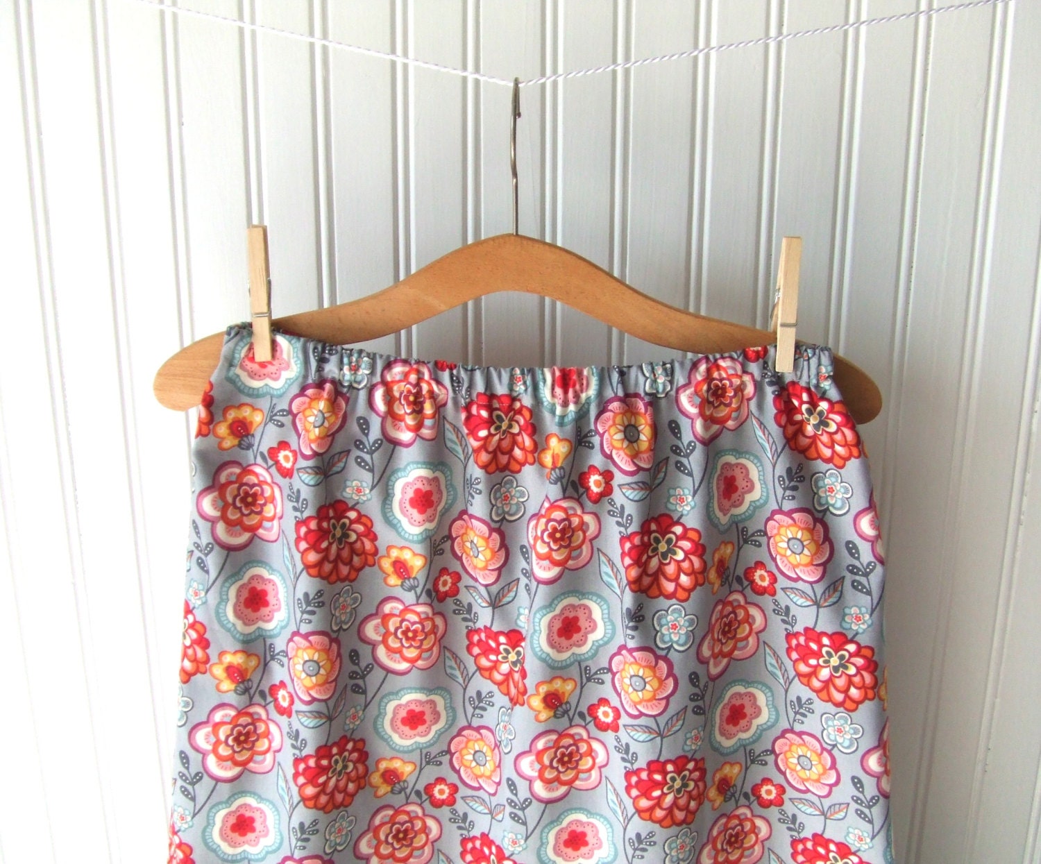 Women's Cotton Skirt - Size 14 Floral Slate Grey, Tangerine Orange, Poppy Red Spring and Summer Skirt