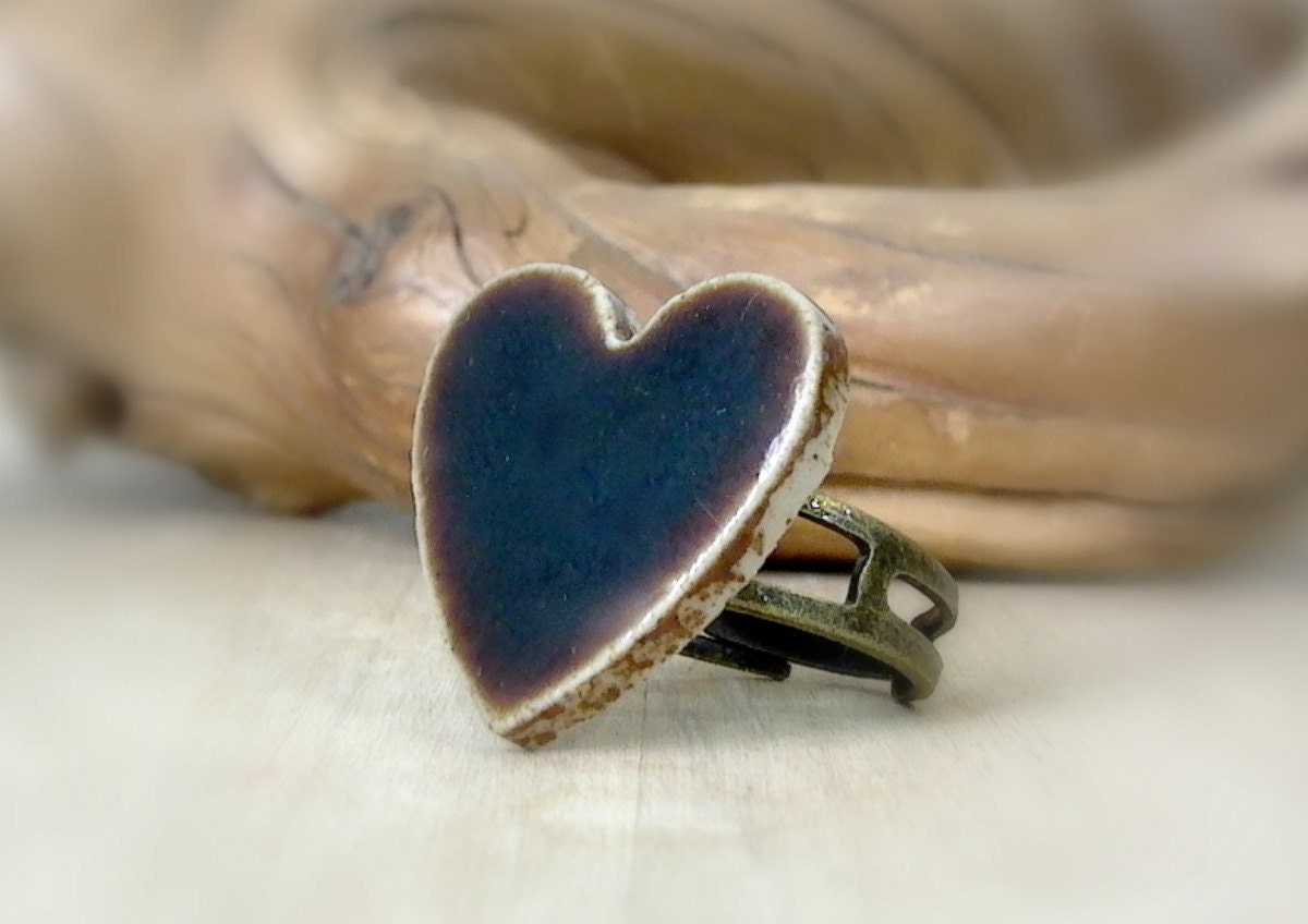 Rustic Heart Cocktail Ring, Porcelain Ceramic Chocolate Brown Vintage Tile, Mothers Day, Gift for Mom