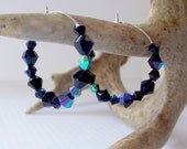 Beaded Hoop Earrings, Boho Hoops with Beads, Iridescent Jet Aurora Borealis,  Peacock Green and Blue Beaded Hoops