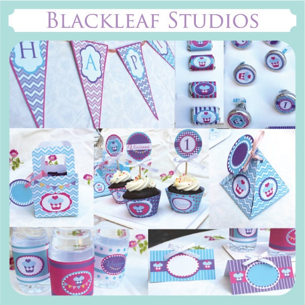 Cupcake and Bunting Pennant Banner 1st 2nd 3rd Birthday Party Kit or Baby Shower Customised Party Printable Package Kit Il_170x135