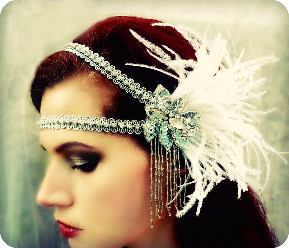 Lula - Art Deco Silver Crystal Rhinestone Ostrich Feather Headdress - Flapper Headband  - Made to Order