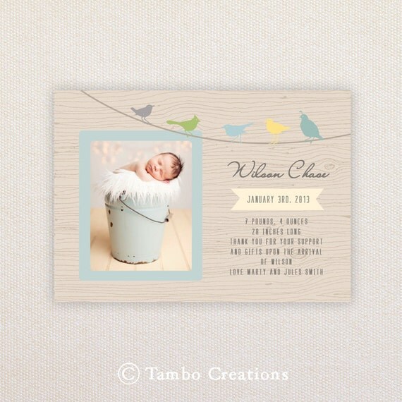 Boys Photo Birth Announcement. Birds on a wire. I Customize, You Print. Il_570xn