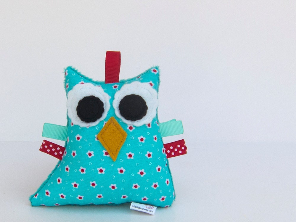 Owl Rattle Plush Baby Toy Small Stuffed Owl Softie Minky Turquoise Red White