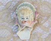 Bisque Doll Head from Germany- Blonde Hair and Flowered Hat