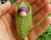 Tiny fairy baby in a green leaf, Purple, Waldorf inspired, Needle felted