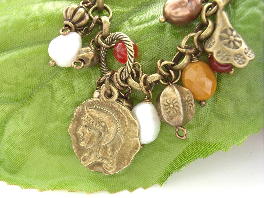 Charm bracelet coins freshwater pearls gemstone beads vintage style