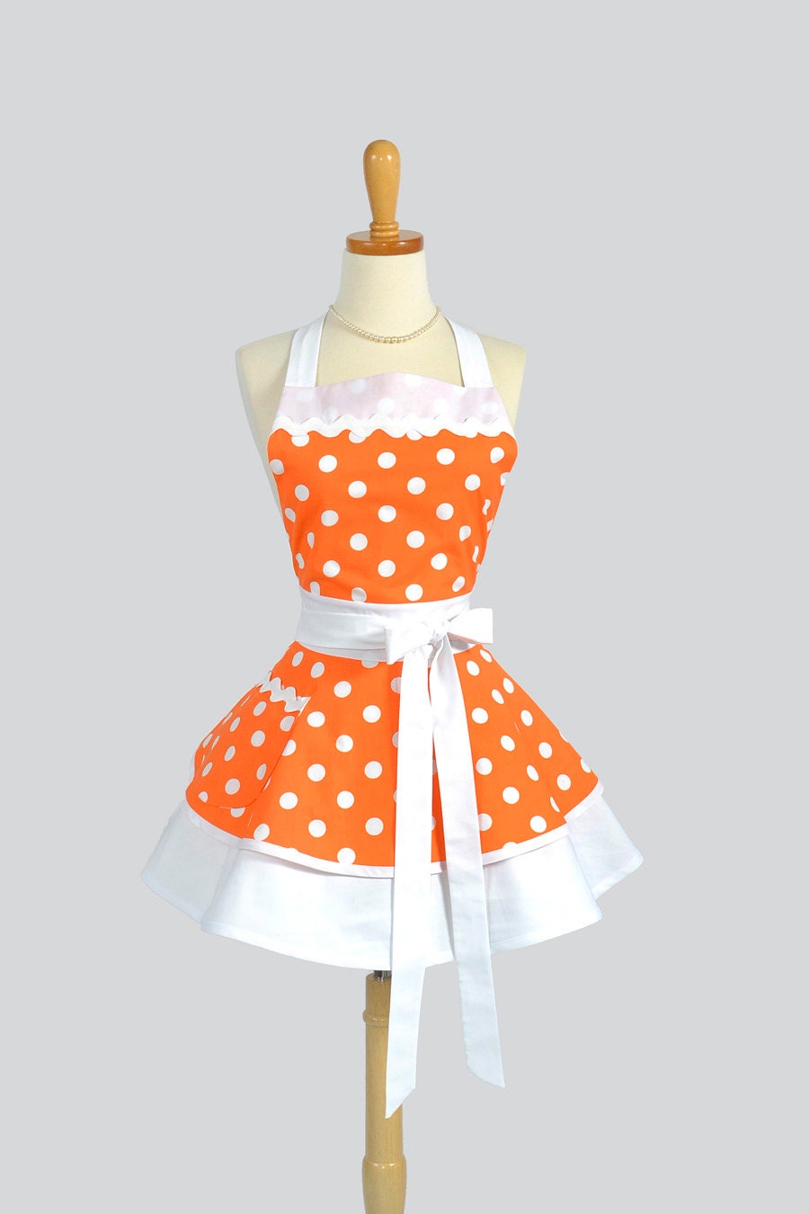Ruffled Retro Apron : Flirty Full Womens Apron in Simple Orange and White Polka Dot