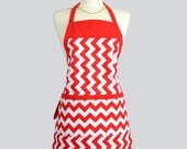 Reversible Chef Apron / Womens Kitchen Cooking Apron in Red White Medium Chevron Reversing to Roses and Cherries on White Red Pin Dot Trims
