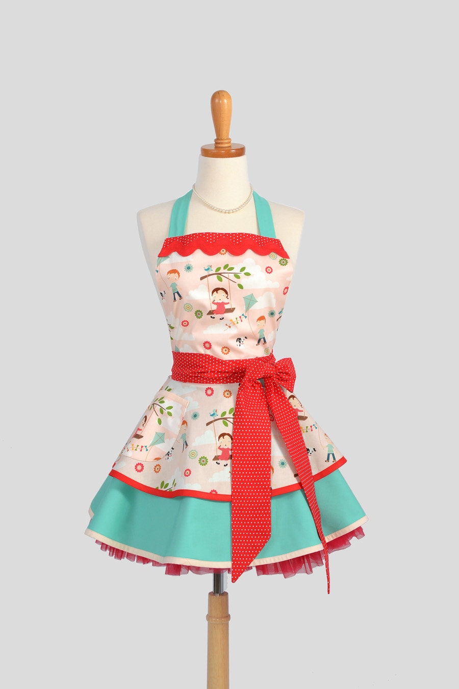 Ruffled Retro Apron / Cute Retro Modern Appeal in a Handmade Flirty Full Womens Apron in Fly a Kite Adorable Apron