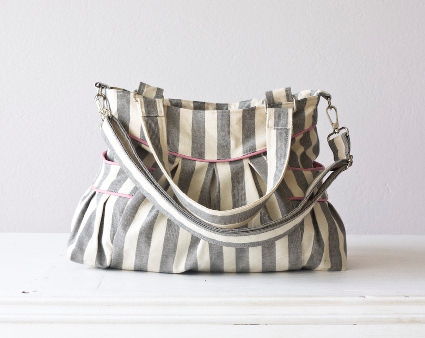 Striped shoulder bag, purse, messenger in cotton canvas and pink leather - Elessa bag
