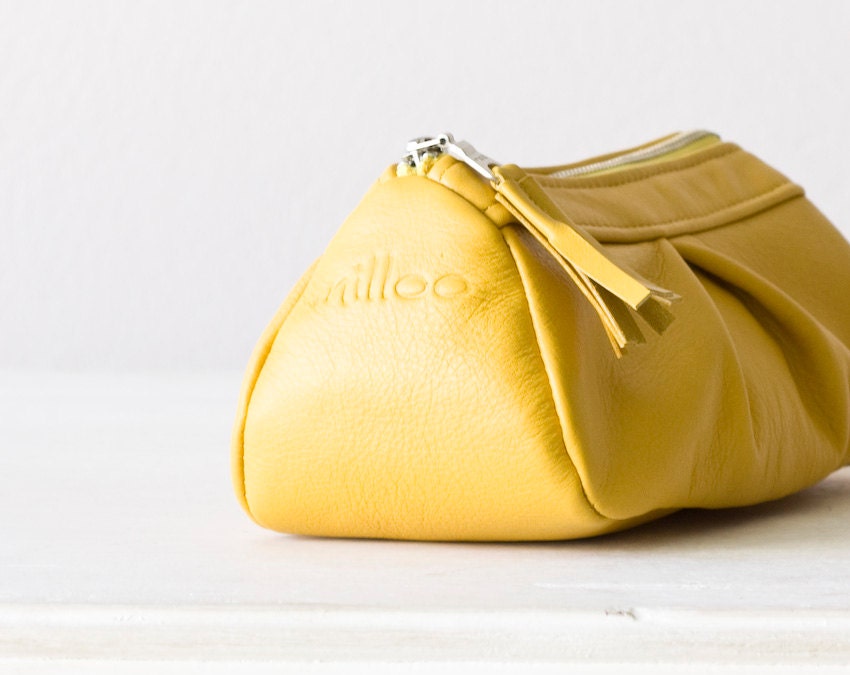 Yellow Leather cosmetic bag   ,  leather makeup bag